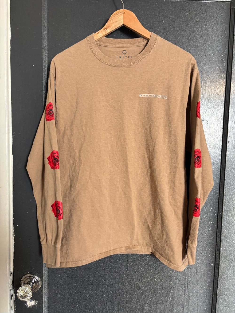 Empyre Tan Long Sleeve Tee with Red Rose Sleeve Graphics